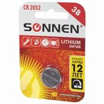 Батарейка литиевая SONNEN Lithium CR2032 "таблетка, дисковая, кнопочная" 1 шт., блистер, 451974