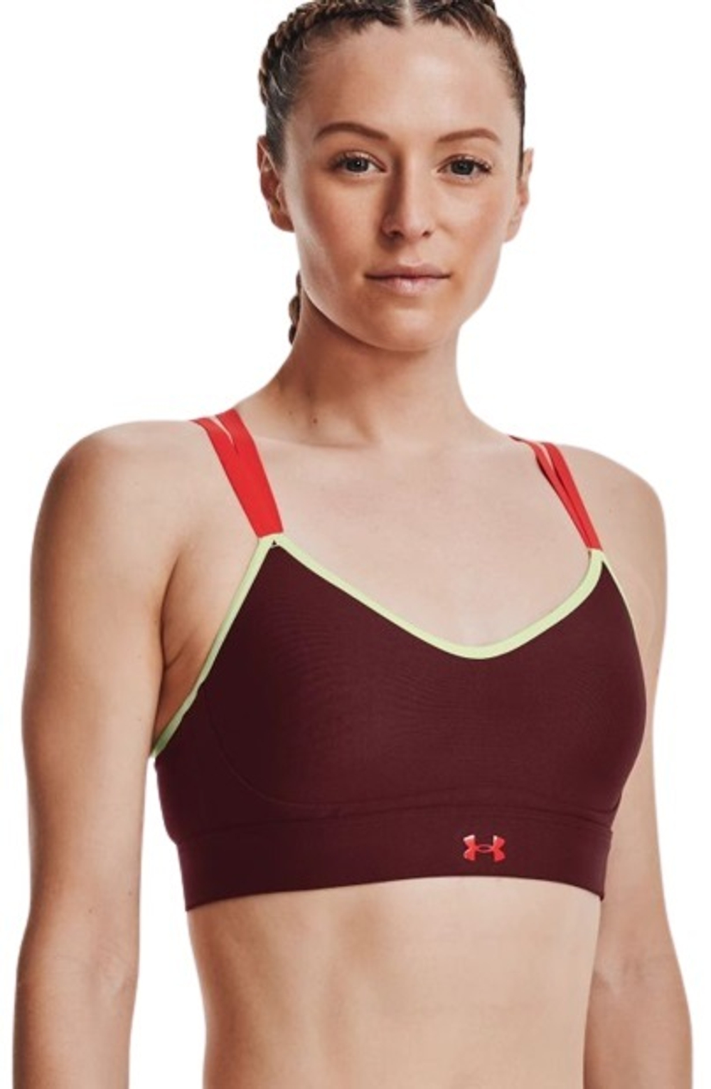 ТОП теннисный Under Armour Women's UA Infinity Low Strappy Sports Bra - chestnut red/phosphor gree