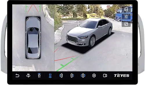 Магнитола для Hyundai Verna 2006-2010 (рамка серебро) - Teyes CC3-2K-360 монитор 13" 2K QLED на Android 10, Быстрая, CarPlay, 4G SIM-слот, 4 камеры в комплекте