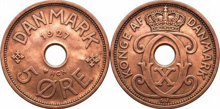 Дания 5 эре, 1927 Король Кристиан X XF