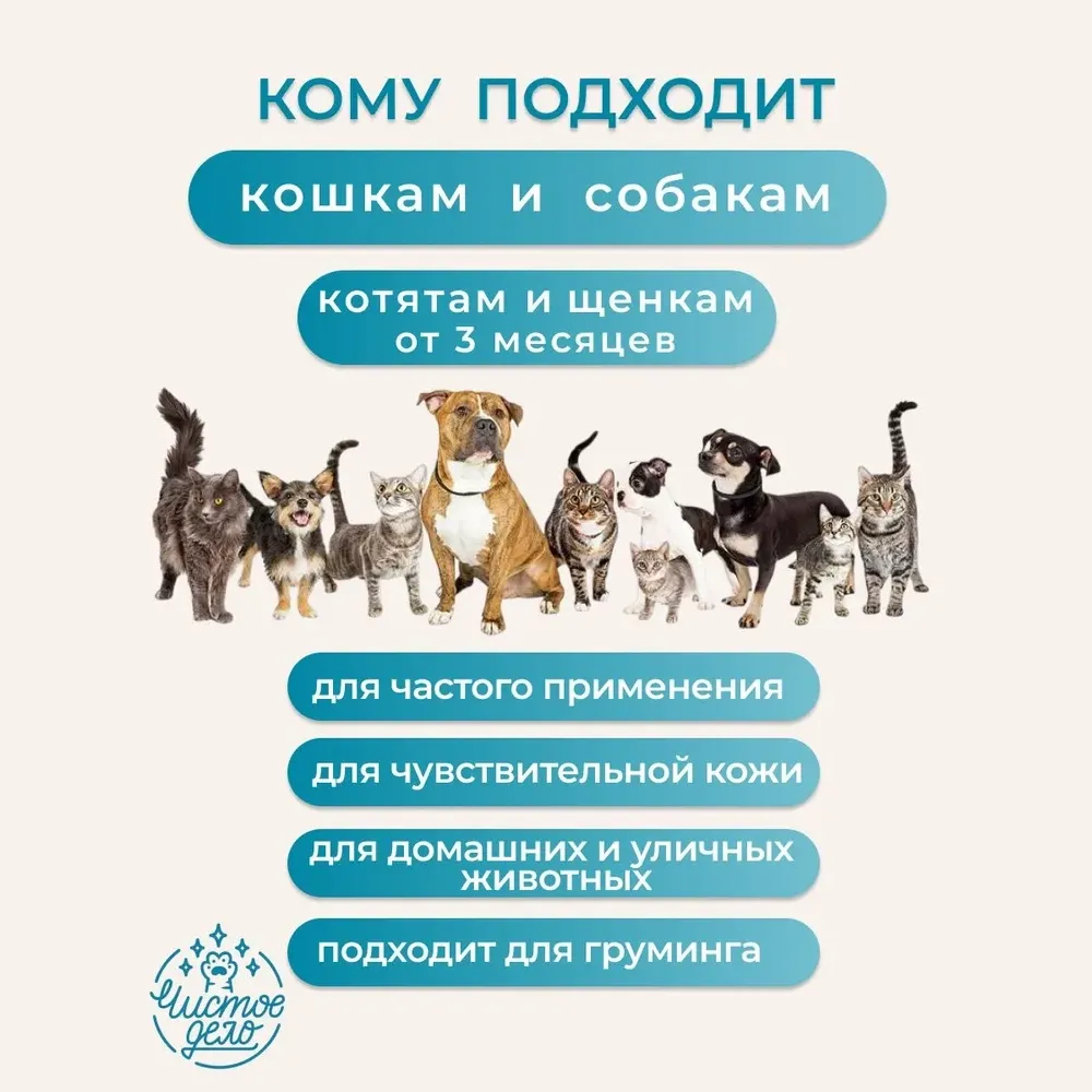 Шампунь Чистое Дело для собак и кошек с хлоргексидином и Д-пантенолом, антибактериальный, гипоаллергенный