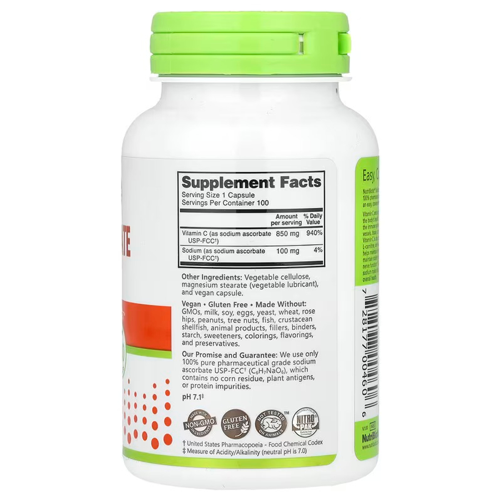 NutriBiotic Immunity, аскорбат натрия, 100 растительных капсул