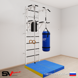Шведская стенка Sv Sport усиленная 6745 (Турник стандарт/Брусья/Канат/Кольца/Цепь/Мешок 15кг/Мат 1м)