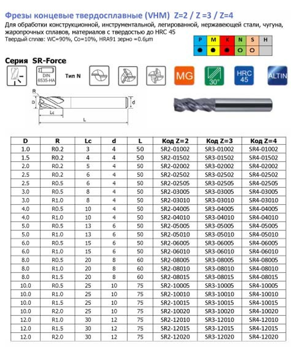 Фреза концевая тв.спл. SF-Force φ8×38×100×d8-Z4 HRC45 TIALN
