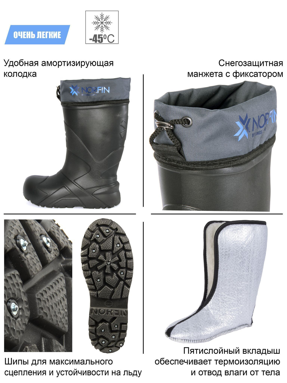Сапоги зимние мужские Norfin BERINGS SPIKE с манжетой и шипами антрацит -45С EVA р.38-39