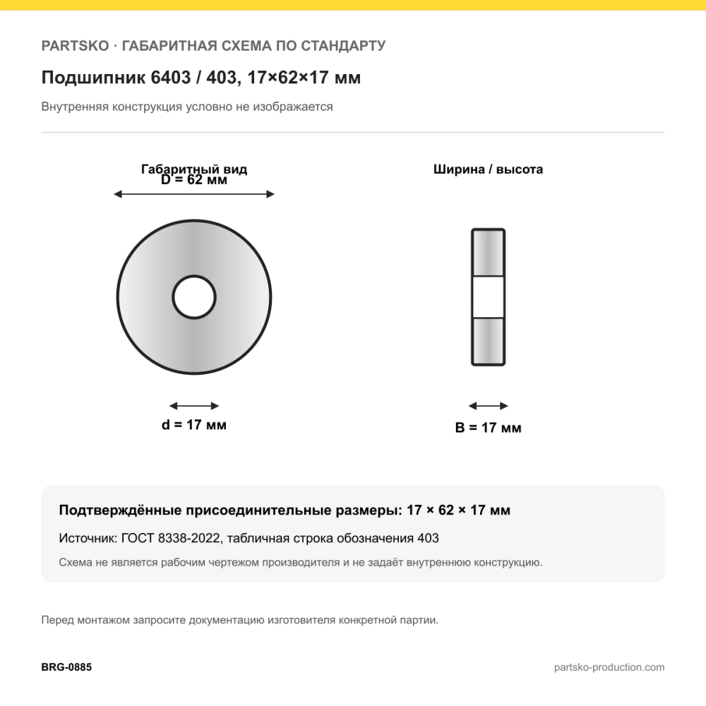 Габаритная схема Подшипник 6403 / 403, 17×62×17 мм, APP-GROUP: 17×62×17 мм по ГОСТ 8338-2022