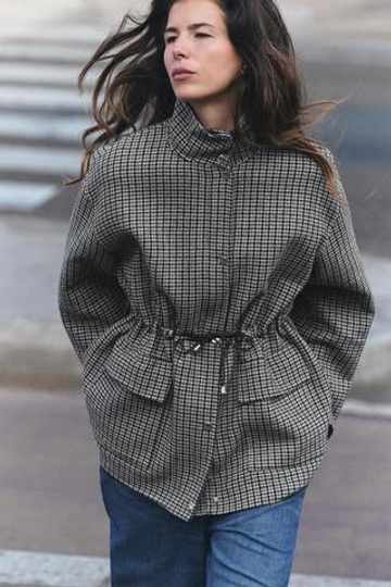 ZARA ПОЛУПАЛЬТО ИЗ ШЕРСТИ В "ГУСИНУЮ ЛАПКУ", СЕРЫЙ