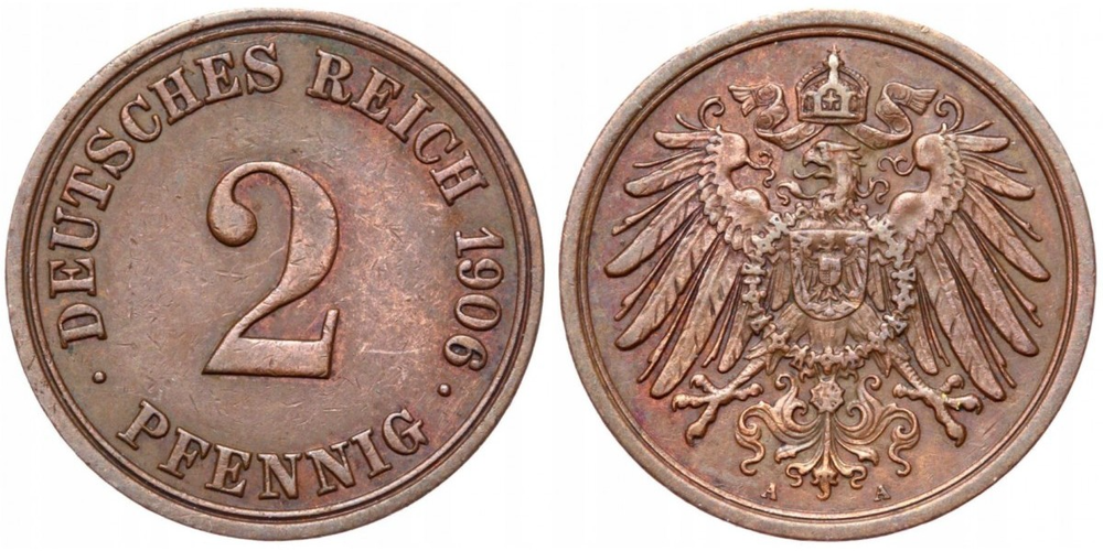 Германия 2 пфеннига, 1904 - 1916 Герб XF