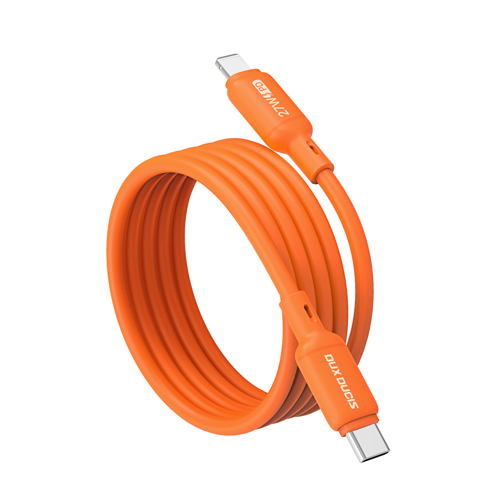 Силиконовый кабель оранжевого цвета с USB-C на Lightning, быстрая зарядка 27W, длина 100см (1м), серия SILI Series от Dux Ducis