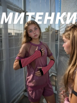 Длинные митенки аниме в полоску малиновые