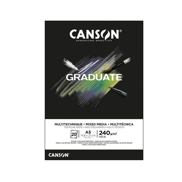 Альбом для смешанных техник Graduate Black 240 г/м², A5 склейка с одной стороны 20 л, черный, Canson C31250P019