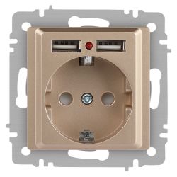 Розетка Intro Accent 6-410-04 с заземлением 2P+E Schuko со шторками 16А-250В + 2хUSB IP20 СУ шампань | Intro