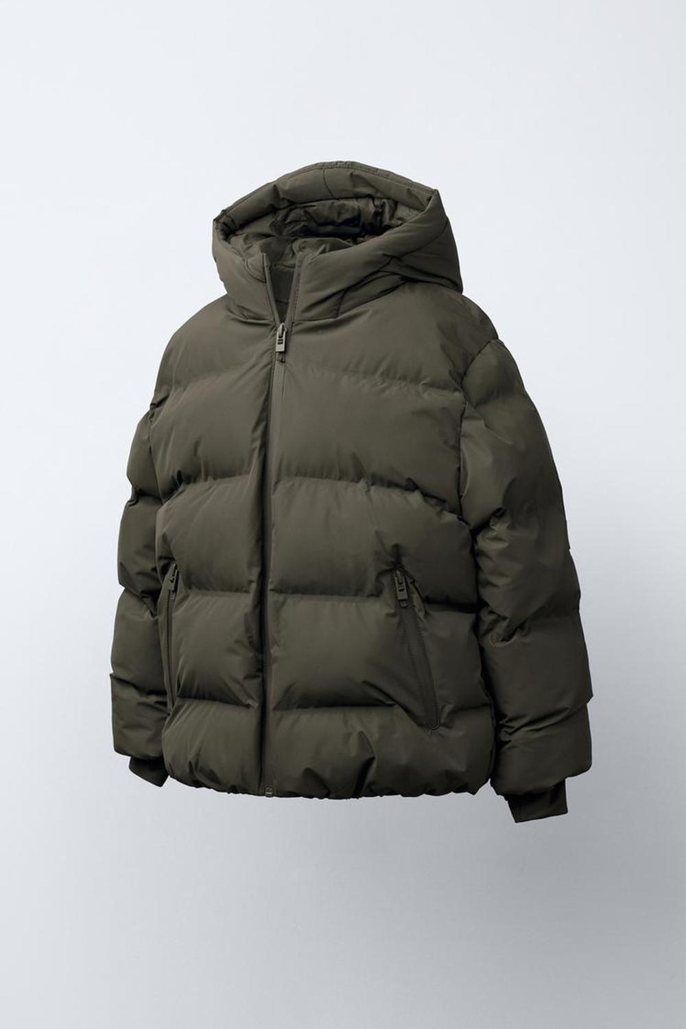 ZARA СТЕГАНЫЙ ПУХОВИК С НАШИВКОЙ WATER REPELLENT, СЕРОВАТО-КОРИЧНЕВЫЙ