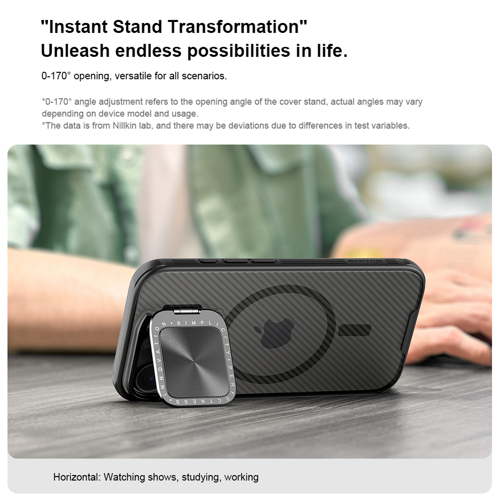 Чехол прозрачный тонированный (Transparent Black) от Nillkin с металлической крышкой и MagSafe на iPhone 16 Pro, серия CamShield Prop Magnetic Case