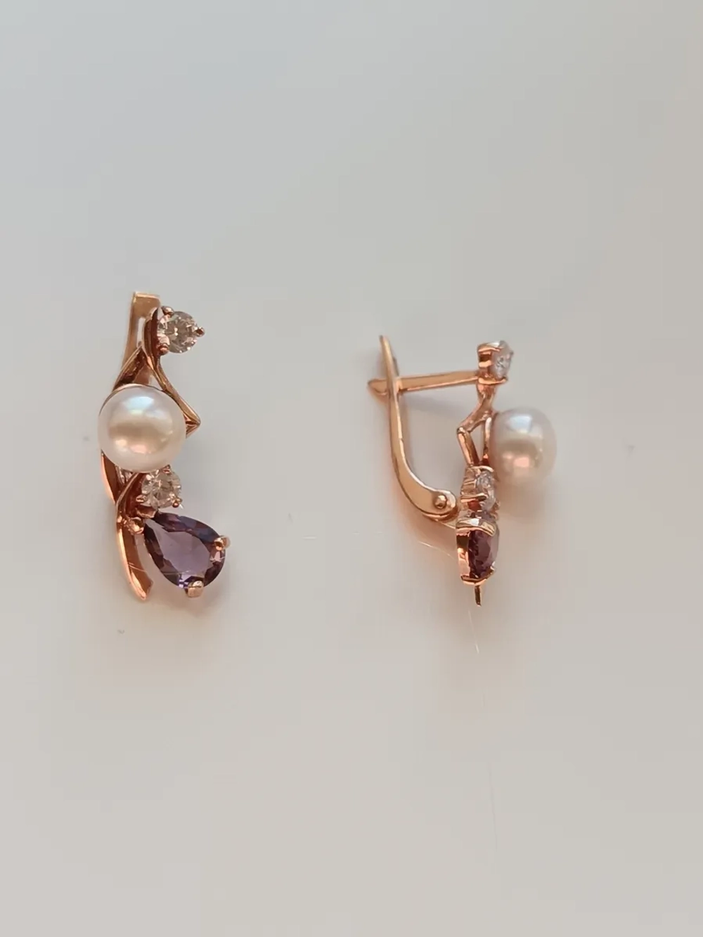 Серьги серебряные с жемчугом, кварцами