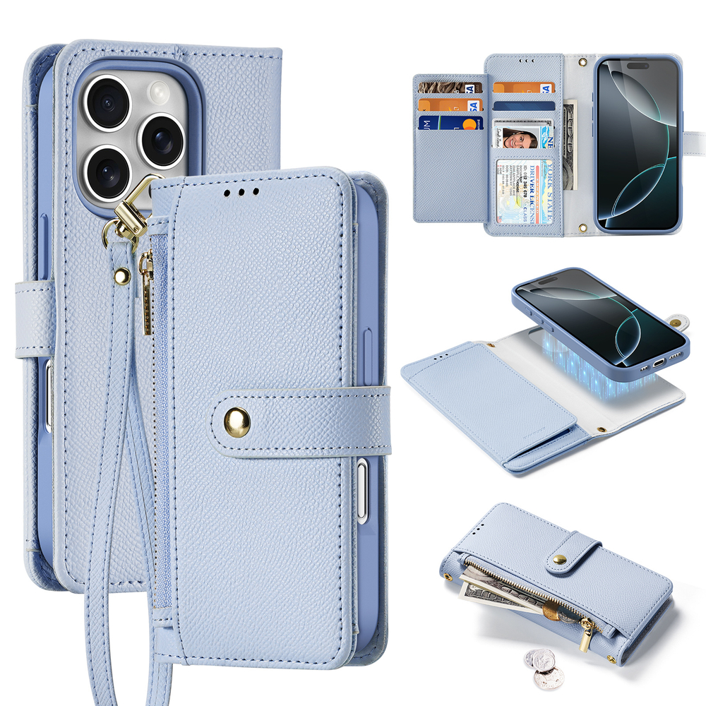 Чехол кошелек из TPU кожи светло-синего цвета (Light Blue) от Dux Ducis для iPhone 16 Pro Max, серия Lawa Series Case