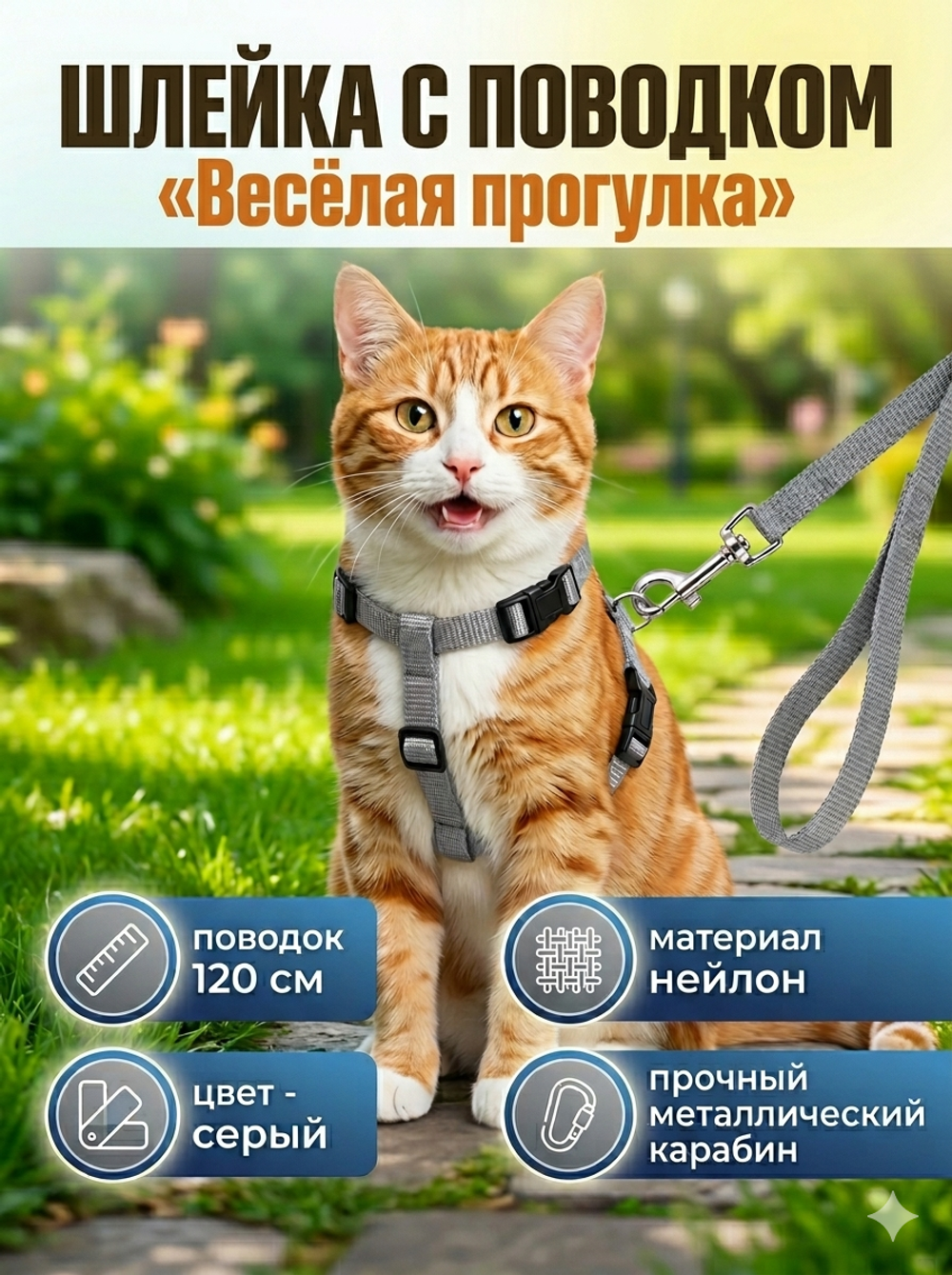 Шлейка с поводком «Веселая прогулка» 120см цвет серый