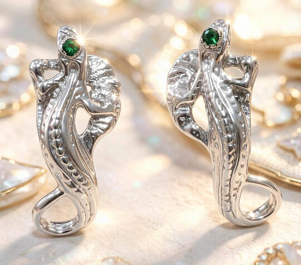 Ювелирные серьги из серебра 925 пробы"Ящерица"