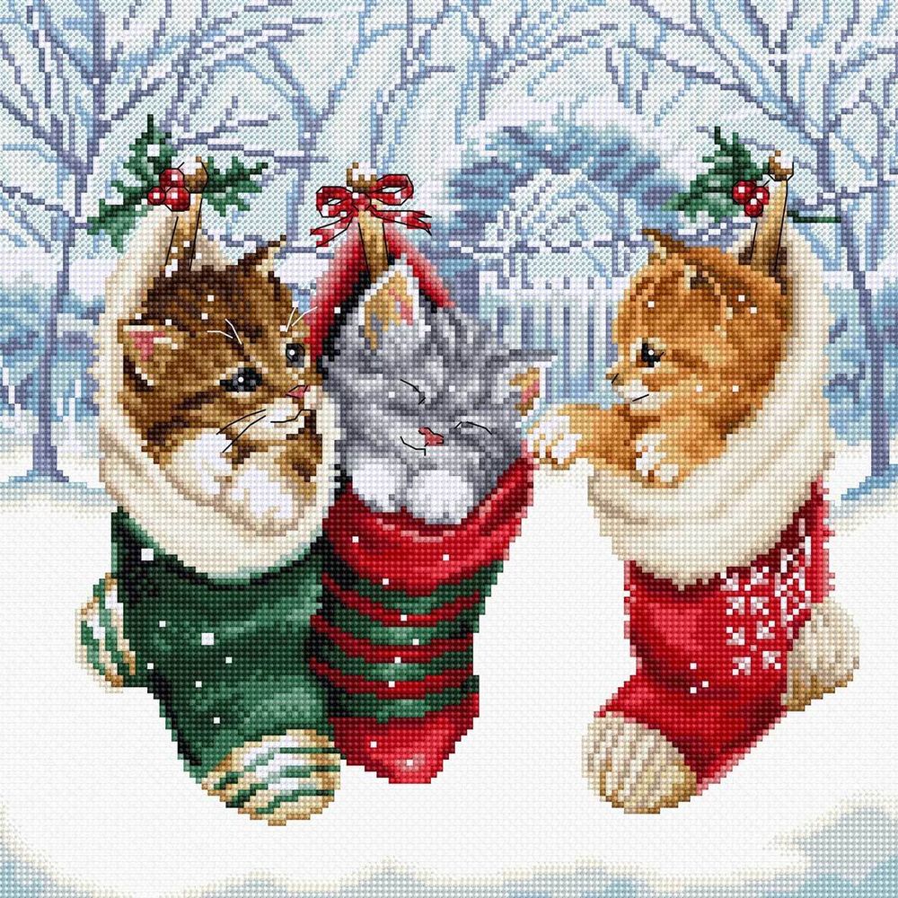 Набор для вышивания нитками LetiStitch L8087, Снежные котята, 24х24 см