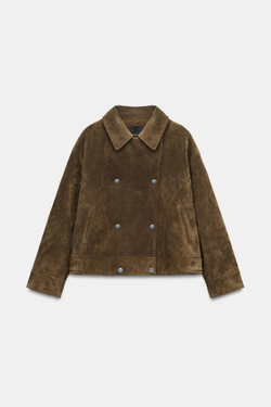 ZARA СТЕГАНАЯ КУРТКА ИЗ 100% КОЖИ С МЕХОВЫМ ВОРОТНИКОМ, ТЕМНО-КОРИЧНЕВЫЙ