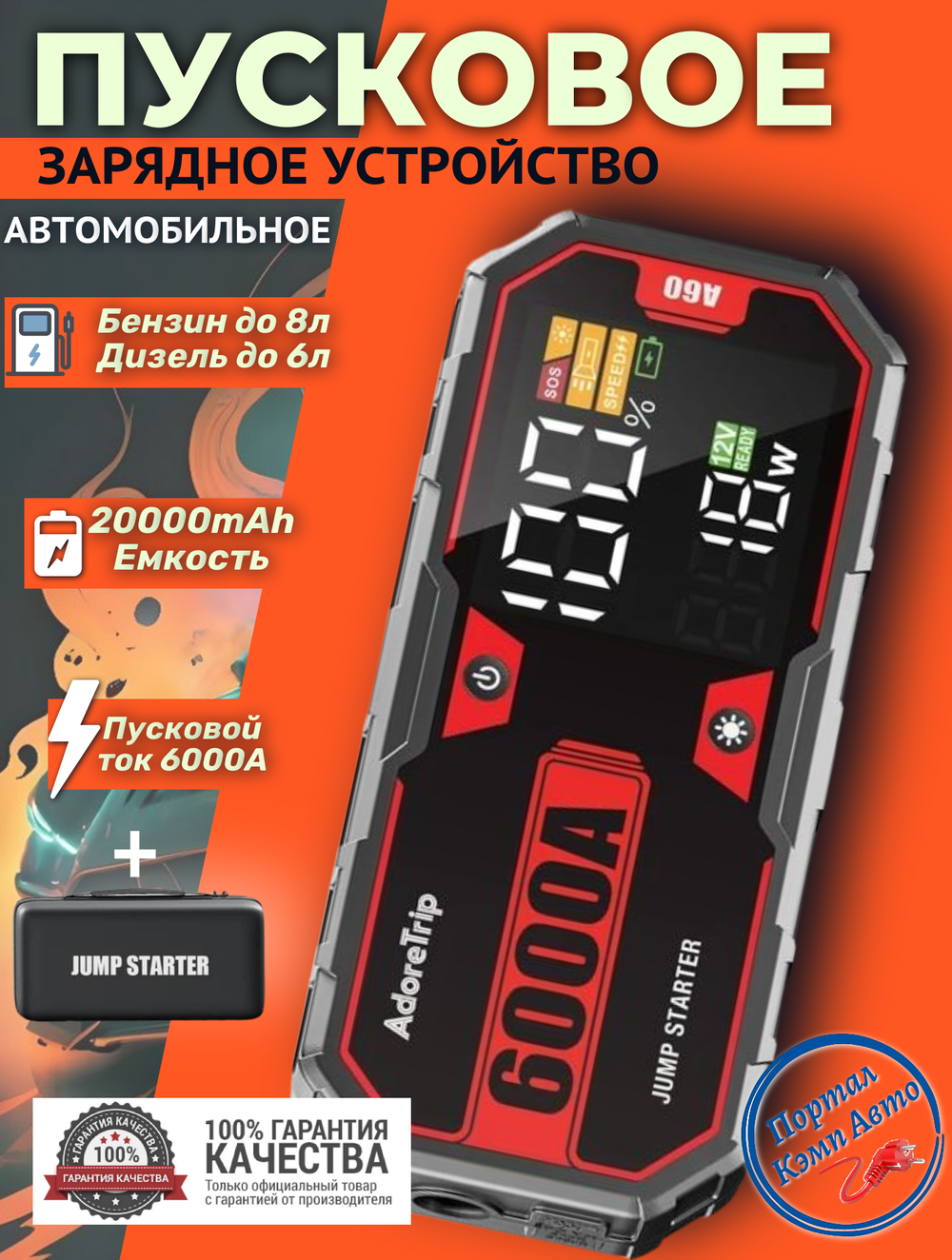 Автомобильное пусковое портативное устройство бустер JF.EGWO 20000mAh 6000A