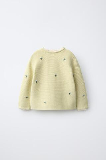 ZARA ТРИКОТАЖНЫЙ ДЖЕМПЕР С ЦВЕТОЧНОЙ ВЫШИВКОЙ И КРУЖЕВОМ, СВЕТЛО-ЗЕЛЕНЫЙ