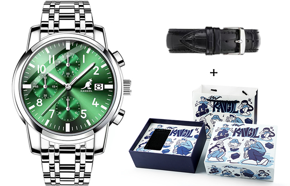 KANGOL Three Eye Six Hand Multifunction Quartz Movement Stainless Steel Watchband Watch Men"s Watches