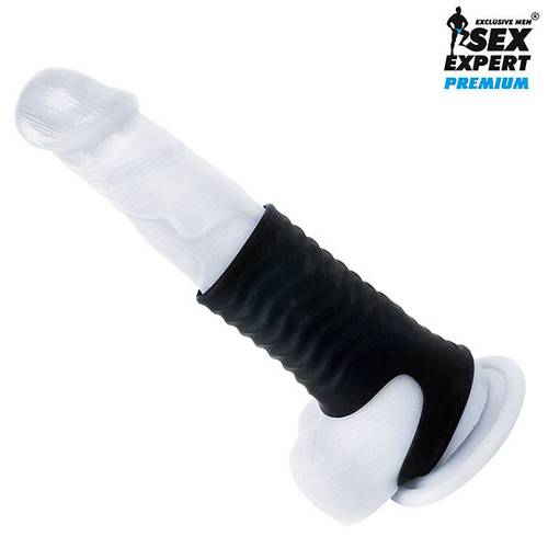 Черная открытая насадка 8,9см на пенис с кольцом для мошонки размер XL Bior Toys Sex Expert SEM-55226