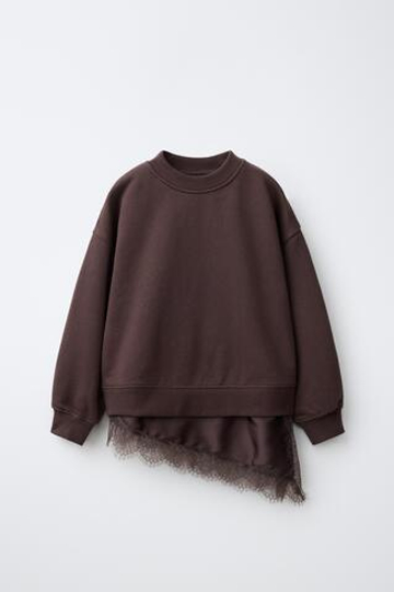 ZARA ТОЛСТОВКА С КРУЖЕВНОЙ ОТДЕЛКОЙ ПО НИЗУ, КОРИЧНЕВЫЙ