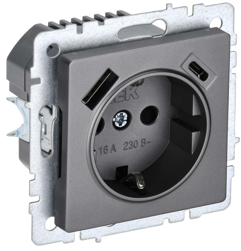 BRITE Розетка 1-местная с заземлением с защитными шторками 16А с USB A+C 18Вт РЮш11-1-БрС сталь IEK