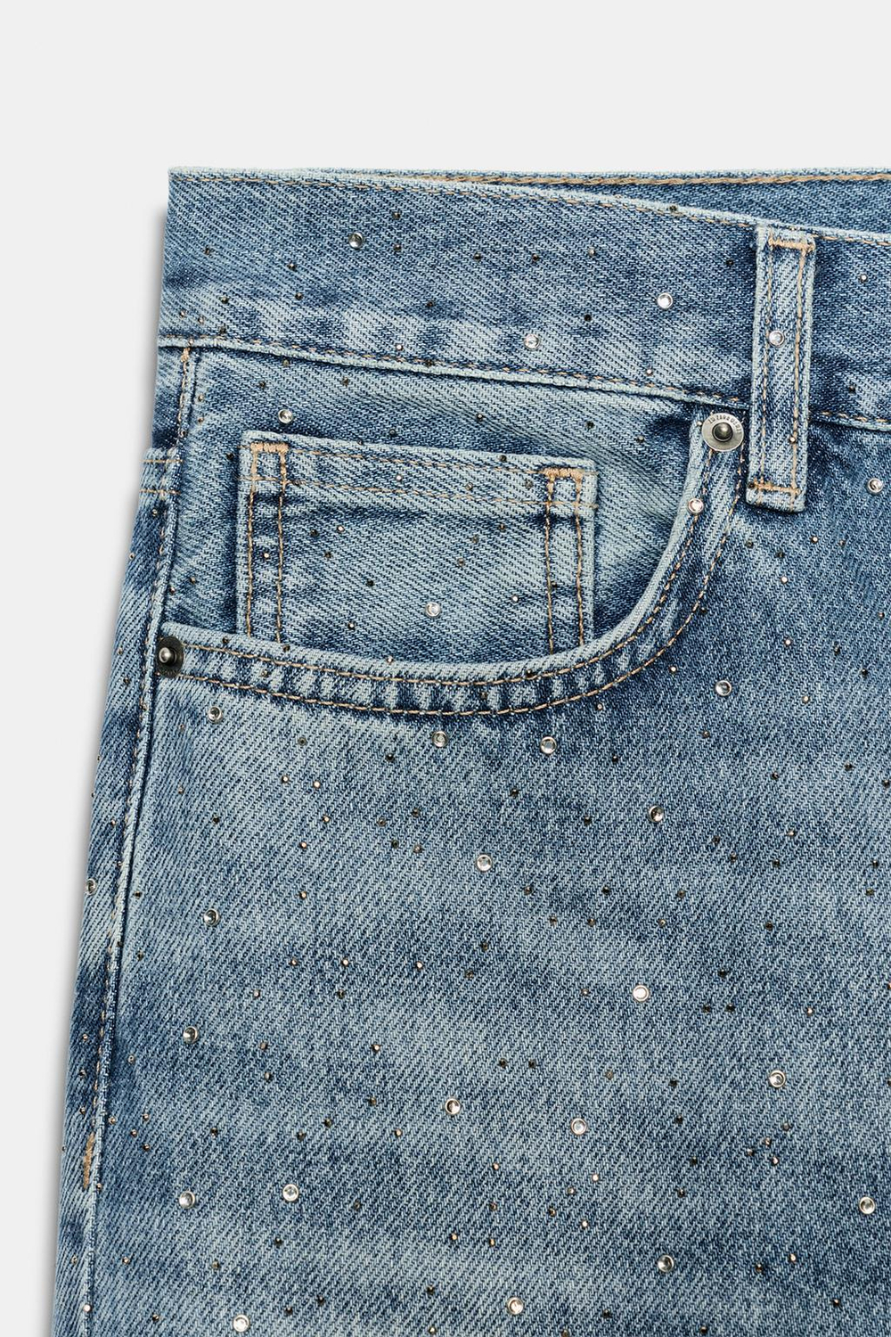 ZARA ДЖИНСЫ WIDE LEG СО СРЕДНЕЙ ПОСАДКОЙ И СТРАЗАМИ — ZW COLLECTION, ВЫЦВЕТШИЙ СИНИЙ
