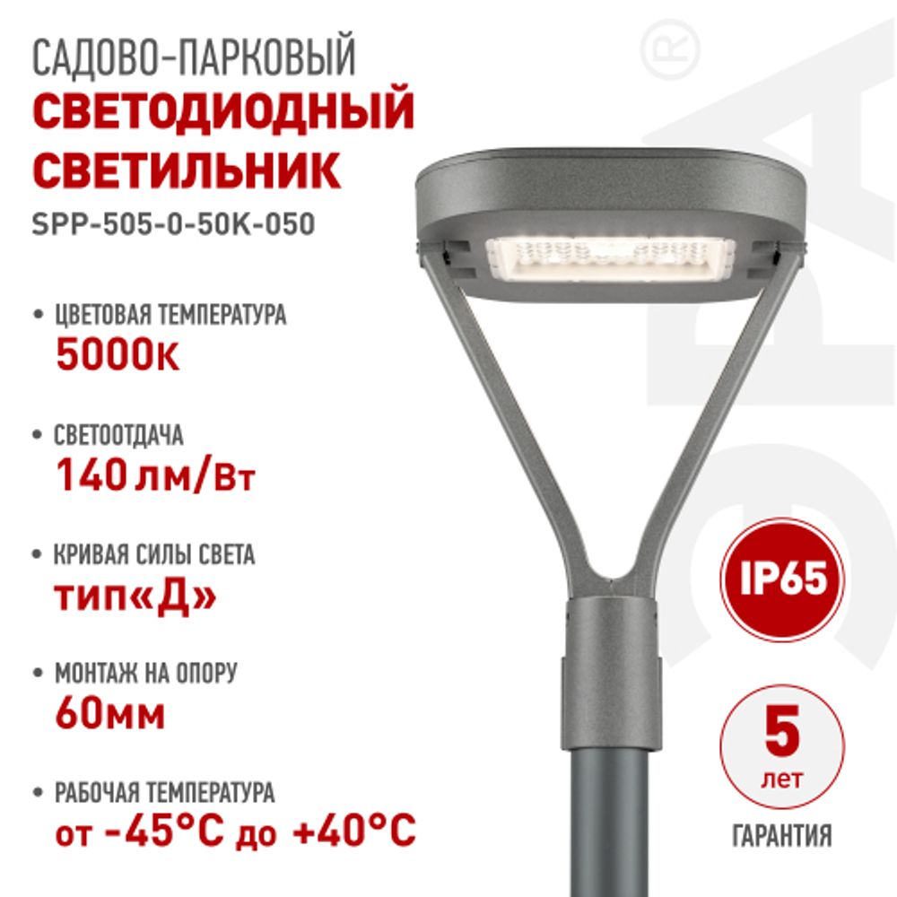 Светильник светодиодный садово-парковый ЭРА SPP-505-0-50K-050 50Вт 5000K IP65 серый | Садово-парковые светильники