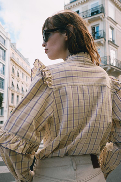 ZARA БЛУЗА В КЛЕТКУ С ВОЛАНАМИ, ЦВЕТ МАЛЬВЫ