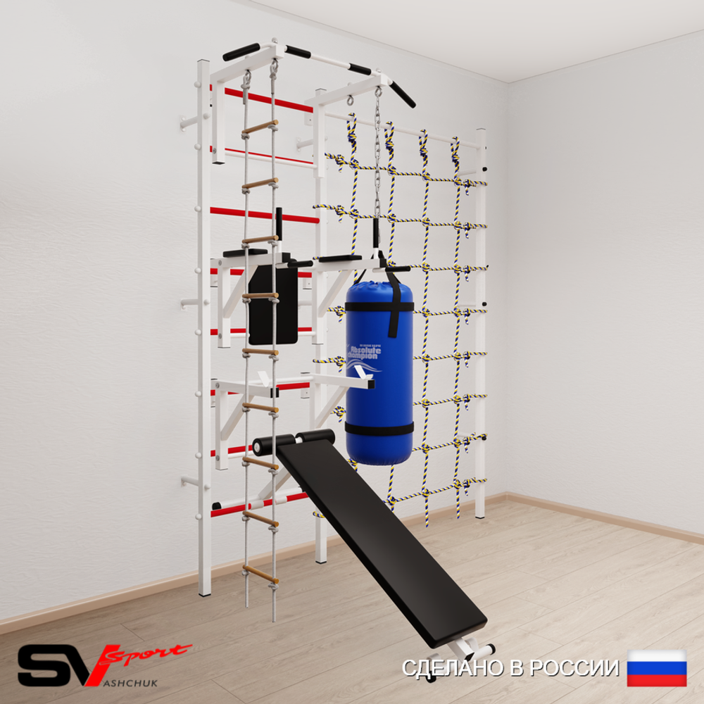 Шведская стенка Sv Sport усиленная 69210 (Турник стандарт/Брусья/Стойка/Скамья/Лестница/Цепь/Мешок 15кг/Канатный лаз)