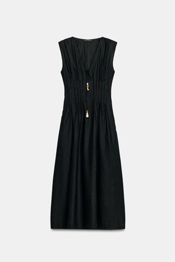 ZARA ЛЬНЯНОЕ ПЛАТЬЕ МИДИ С ДЕКОРАТИВНЫМИ ЗАЩИПАМИ, ЧЕРНЫЙ