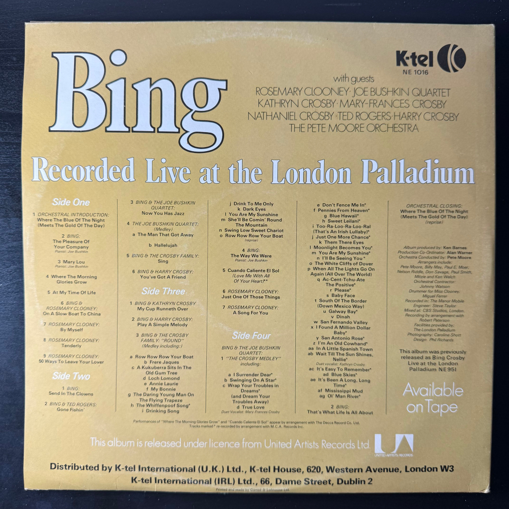 Bing Crosby ‎– Bing Recorded Live At The London Palladium 2LP (Англия 1977г.)