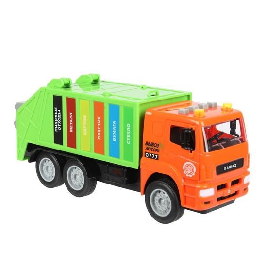 Машина пластик свет-звук KAMAZ МУСОРОВОЗ 30 см, бачок, двер, инер, зел, кор. Технопарк