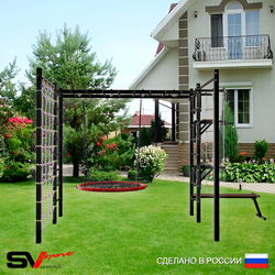 Уличная шведская стенка Sv Sport рукоход с комплектом турник прямой 2шт У5286.2 (Турник/Брусья/Стойка/Скамья/Гнездо 115см/Канат/кольца/лестница/Сетка)