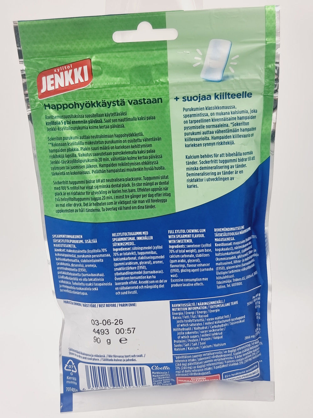 Жевательная резинка Jenkki Professional Classic Spearmint с полным ксилитом 90 г (из Финляндии)