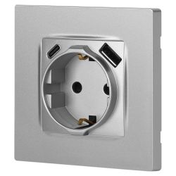 Розетка ЭРА Серия 12 12-4108-03 2P+E 16A-250В со шторками с USB type-A+C 5В-3А алюминий | Эра 12