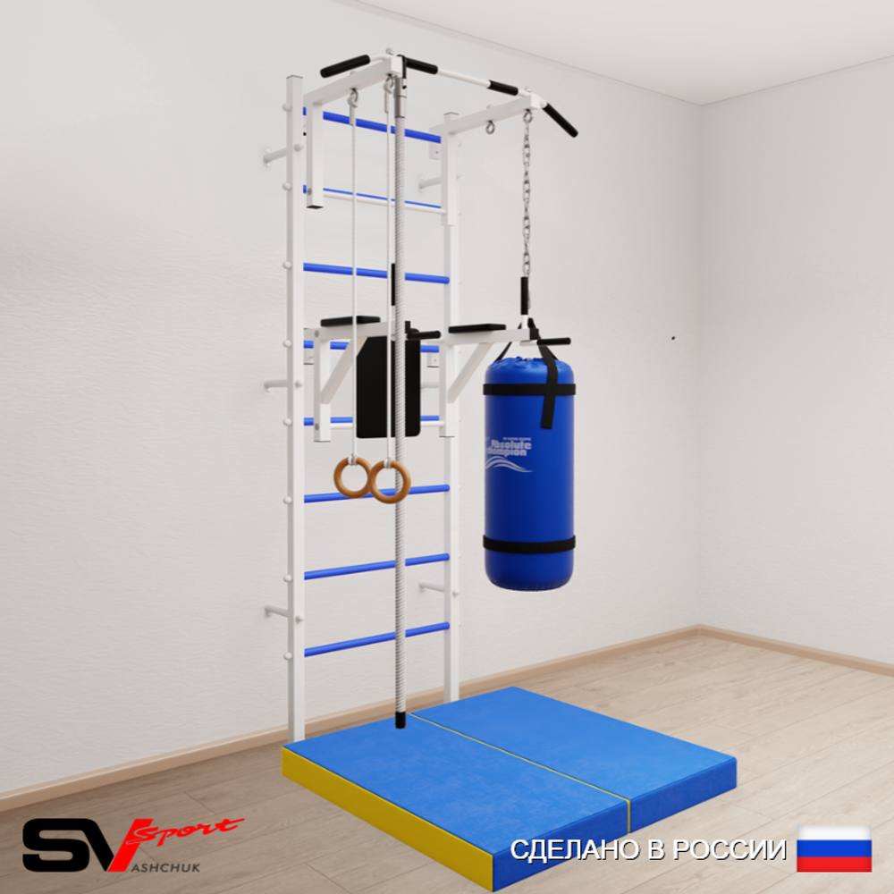 Шведская стенка Sv Sport усиленная 6746 (Турник стандарт/Брусья/Канат/Кольца/Цепь/Мешок 22кг/Мат 1м)
