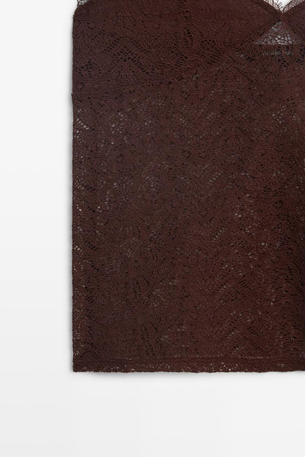 Massimo Dutti Топ с кружевной отделкой и бретелями, коричневый