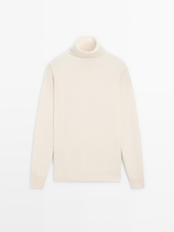 Massimo Dutti Трикотажный джемпер из смесовой шерсти с высоким воротником, натуральный/кремовый