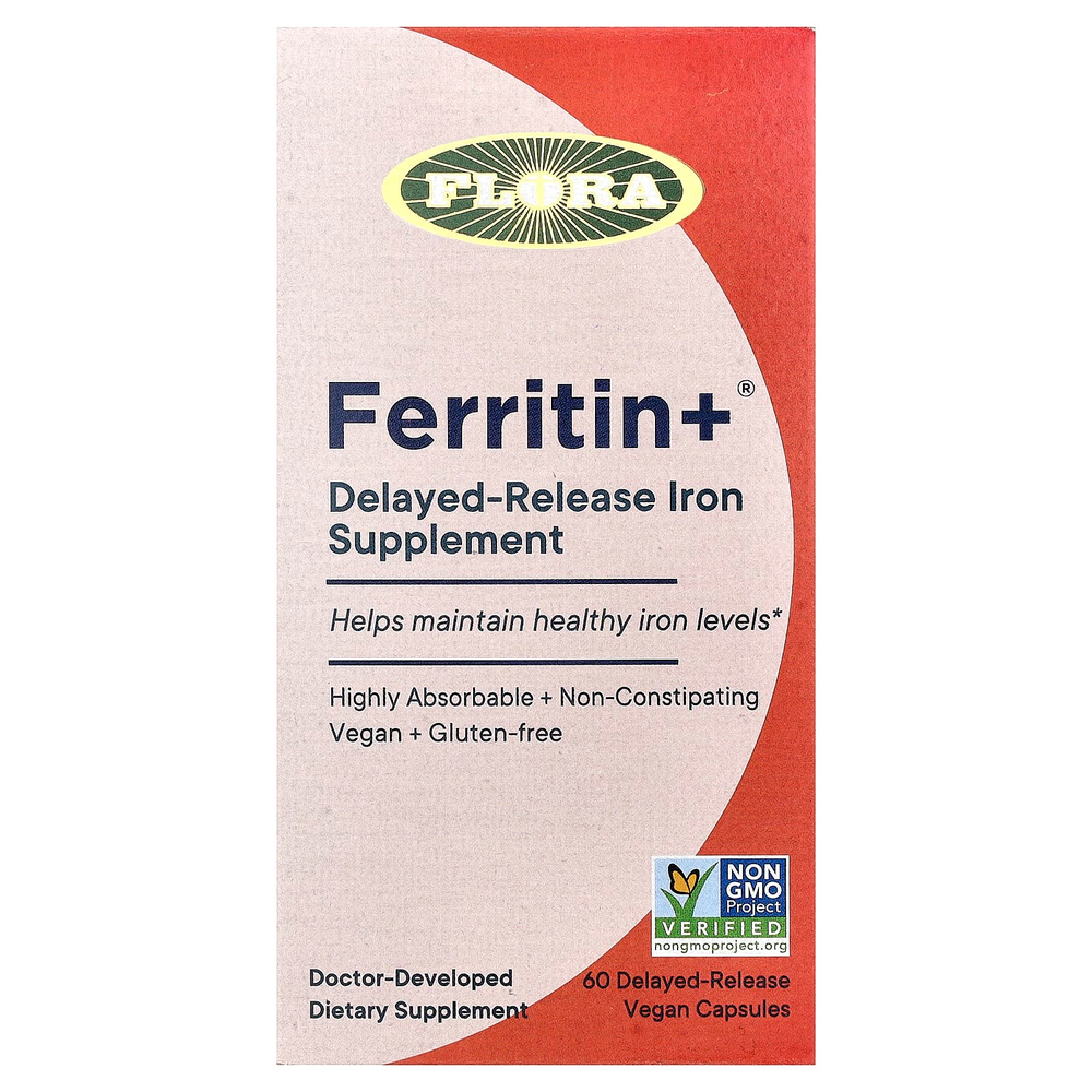 Flora, Ferritin +®, 60 веганских капсул с отсроченным высвобождением (20 мг в 1 капсуле)