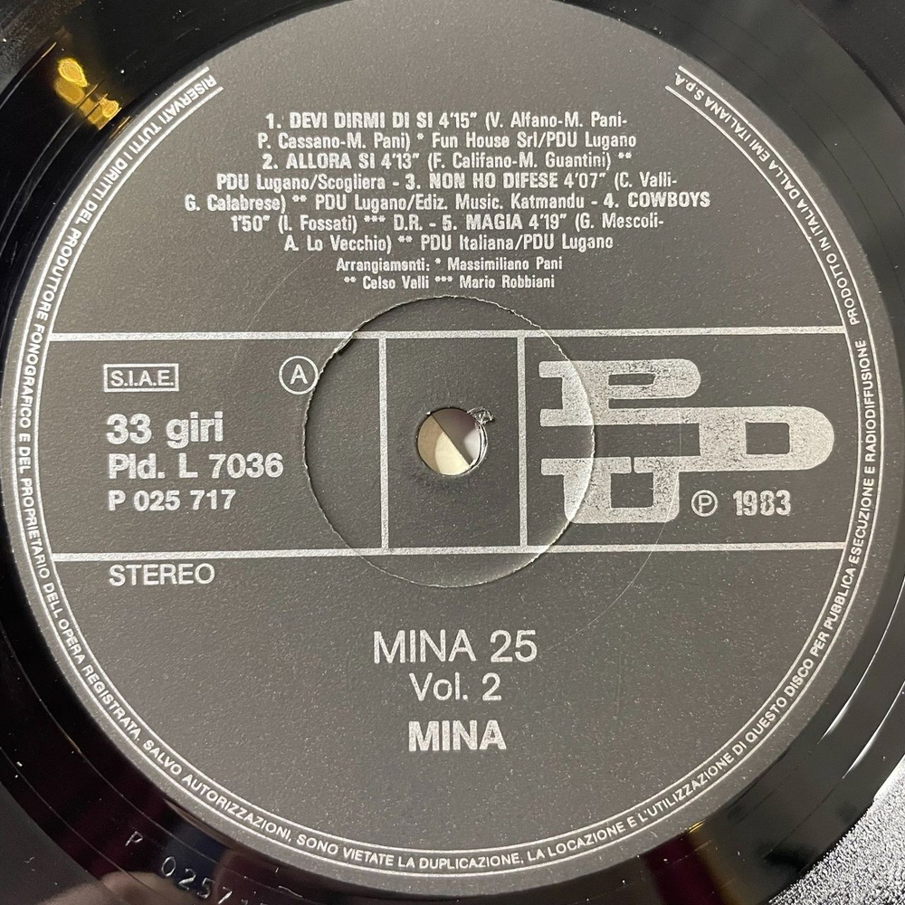 Винтажная виниловая пластинка LP Mina 25 (Italy 1983)