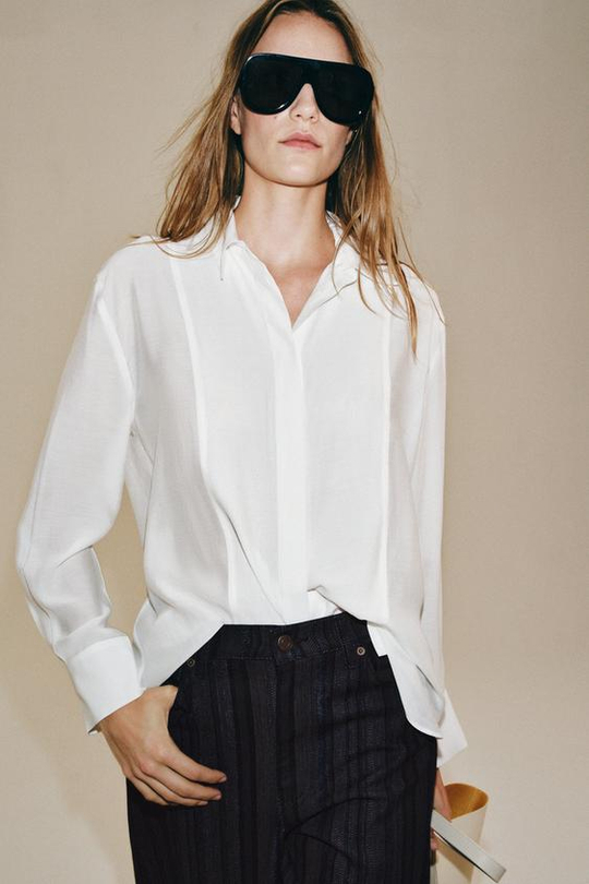 ZARA ОДНОТОННАЯ РУБАШКА С ПЛАНКОЙ — ZW COLLECTION, ЖЕЛТОВАТО-БЕЛЫЙ