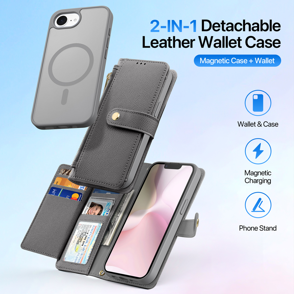 Чехол кошелек с MagSafe из TPU кожи серого цвета от Dux Ducis для iPhone 16e, SE (с 2025-) и 17e, серия Lawa Series Case