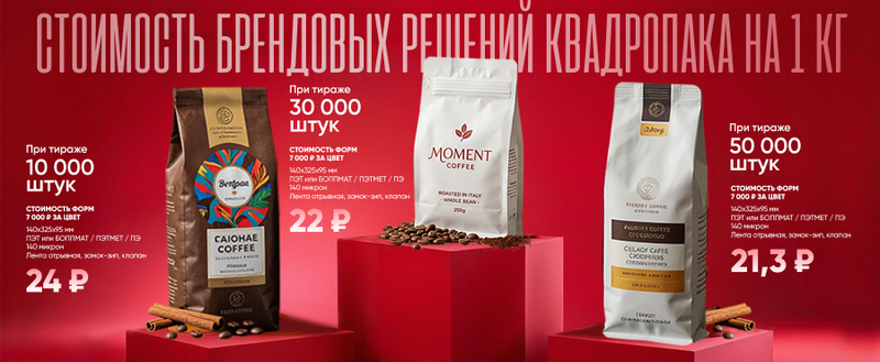 Выгодные условия на брендовые квадропаки для кофе — экономия с ростом тиража
