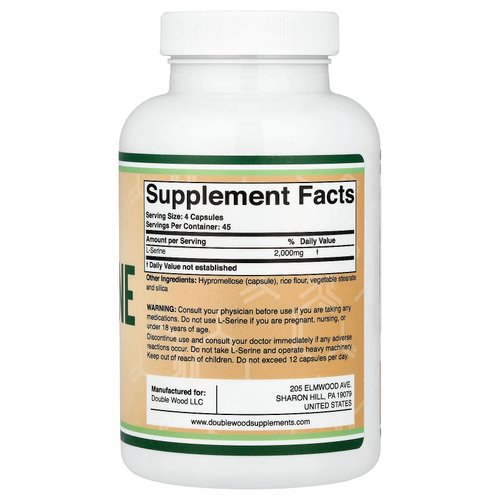 Double Wood Supplements, L-серин, 180 капсул (500 мг в 1 капсуле)
