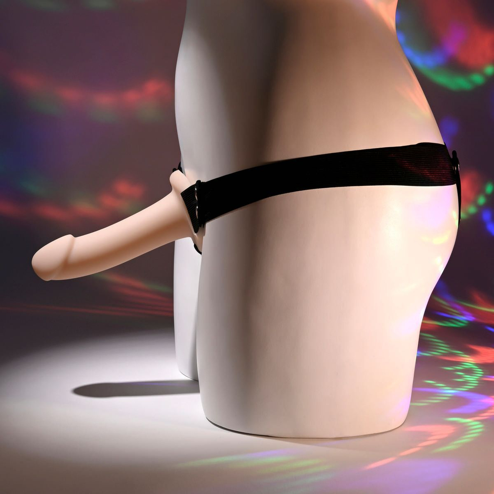 Телесный полый страпон с черными эластичными ремешками Our First Hollow Strap On (Цвет: телесный с черным)